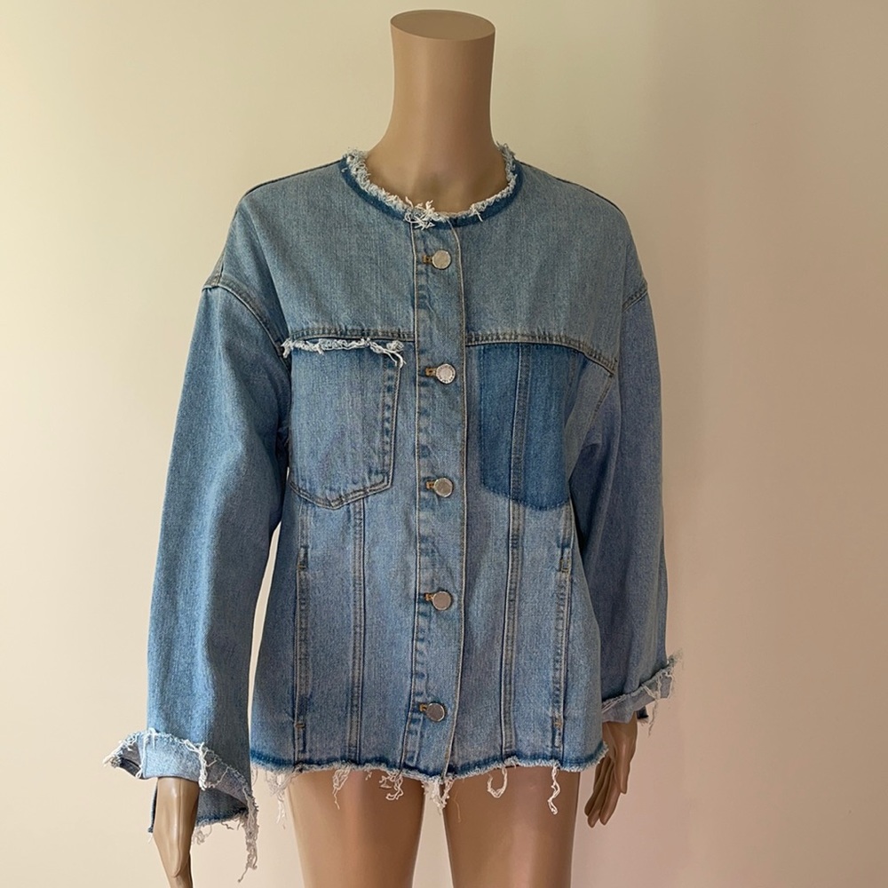 ZARA | Collarless distressed denim jacket - Picture 2 of 13